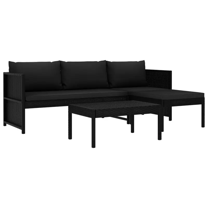 Set de muebles de jardín 3 piezas y cojines ratán sintético negro