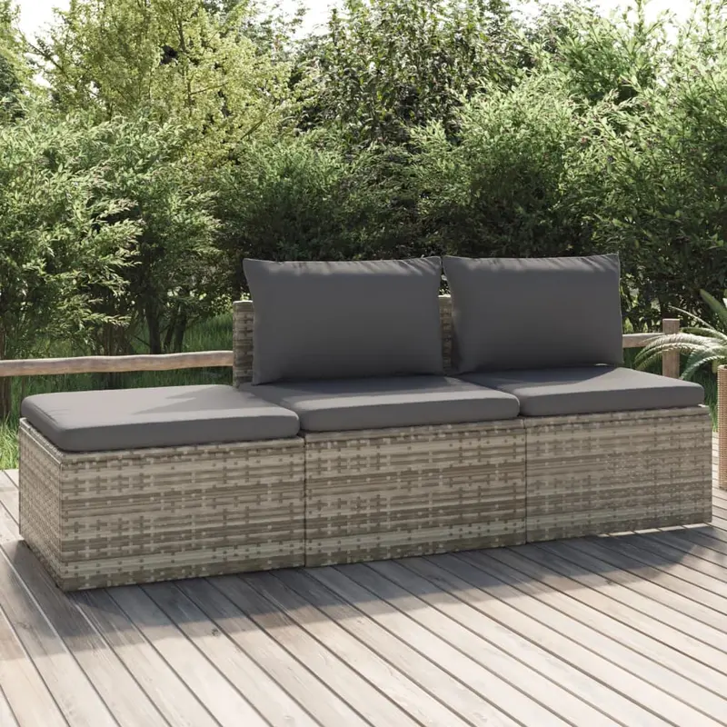 Set de muebles de jardín 3 pzas y cojines ratán sintético gris