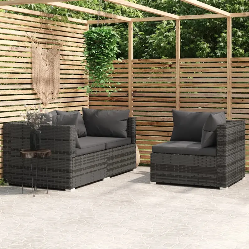 Set de muebles de jardín 3 pzas y cojines ratán sintético gris