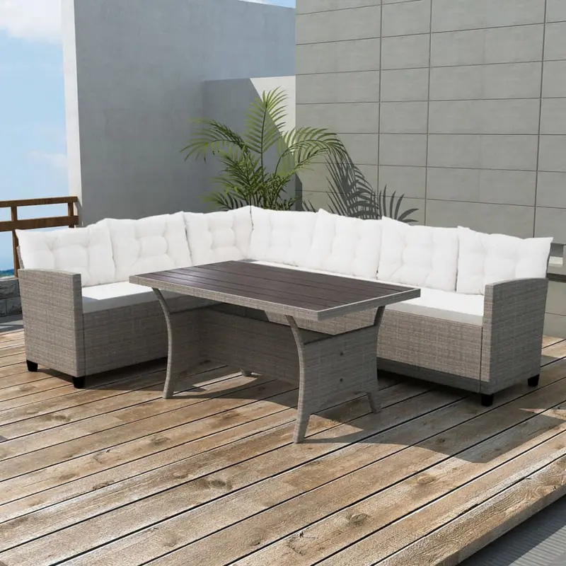 Set de muebles de jardín 3 pzas y cojines ratán sintético gris