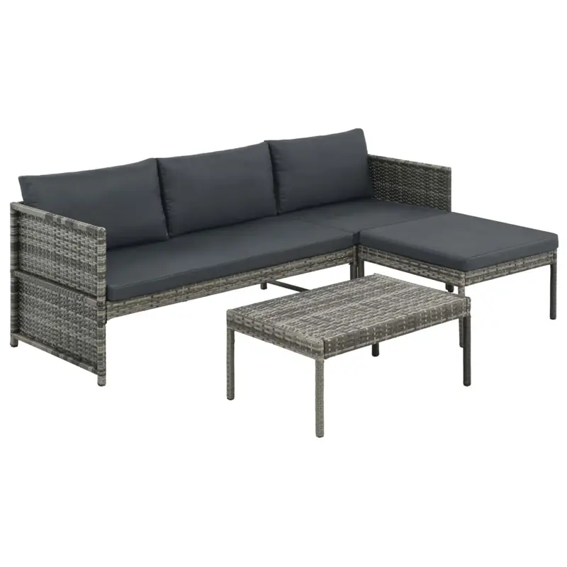 Set de muebles de jardín 3 pzas y cojines ratán sintético gris