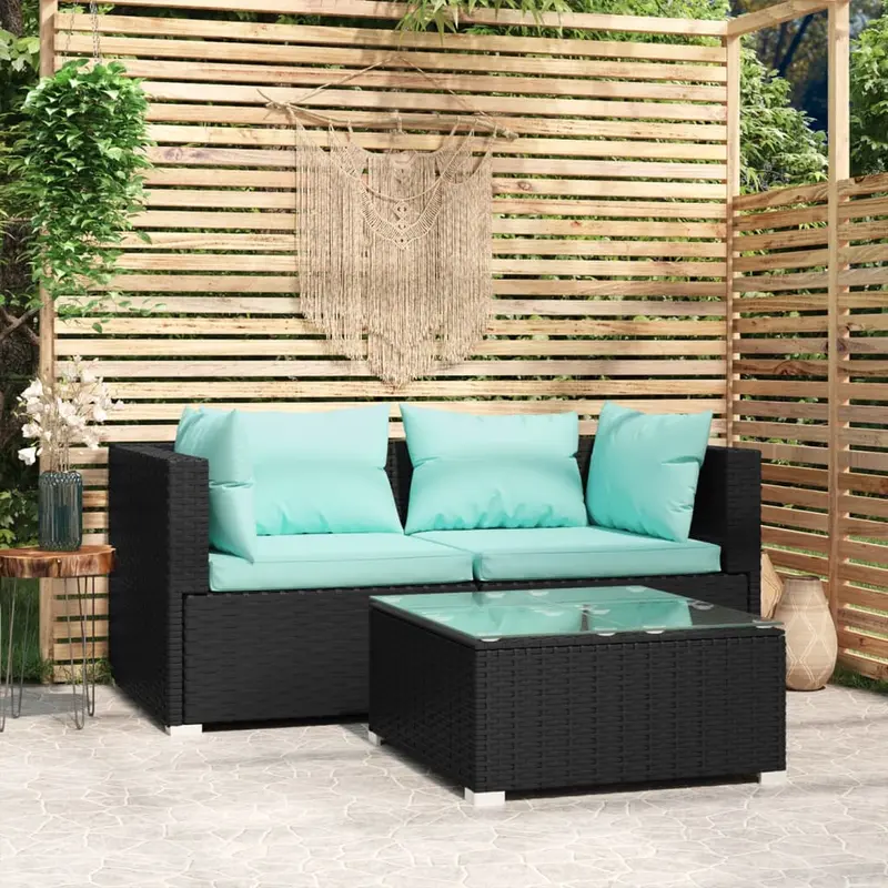 Set de muebles de jardín 3 pzas y cojines ratán sintético negro