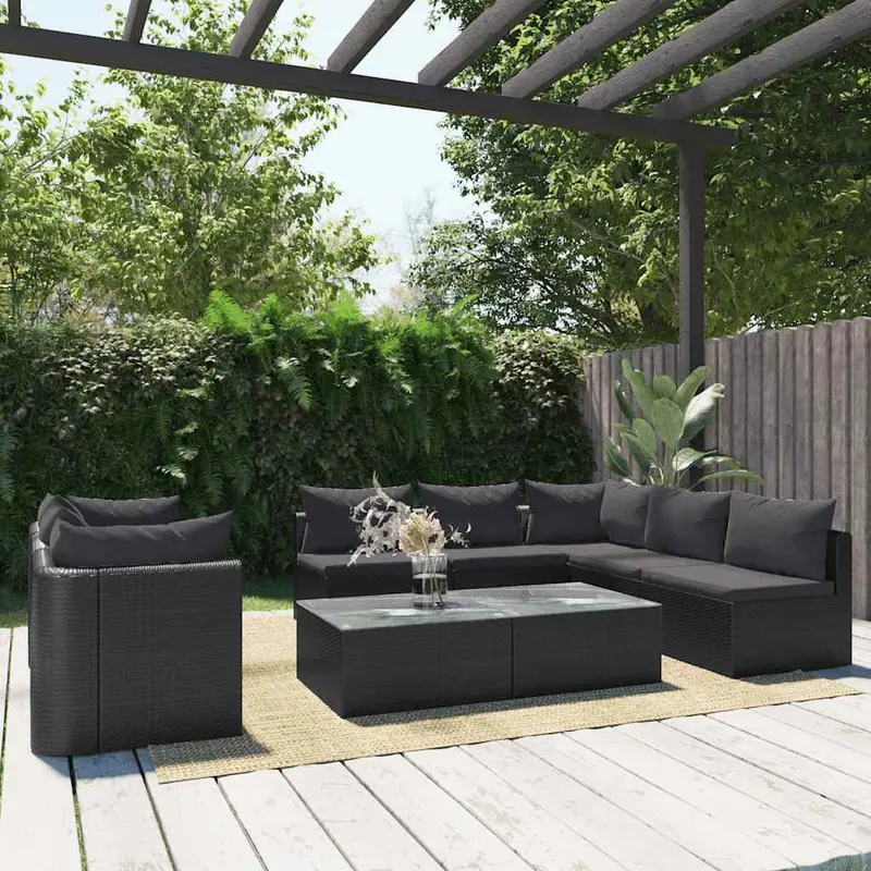 Set de muebles de jardín 9 pzas y cojines ratán sintético negro