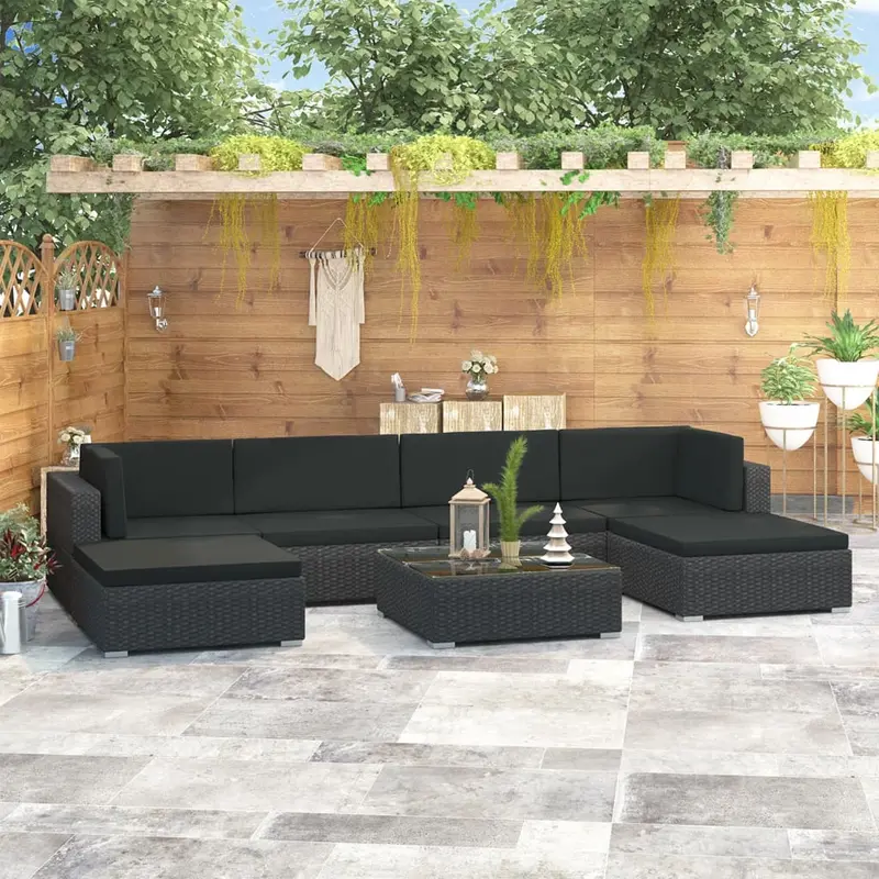 Set de muebles de jardín y cojines 7 pzas ratán sintético negro