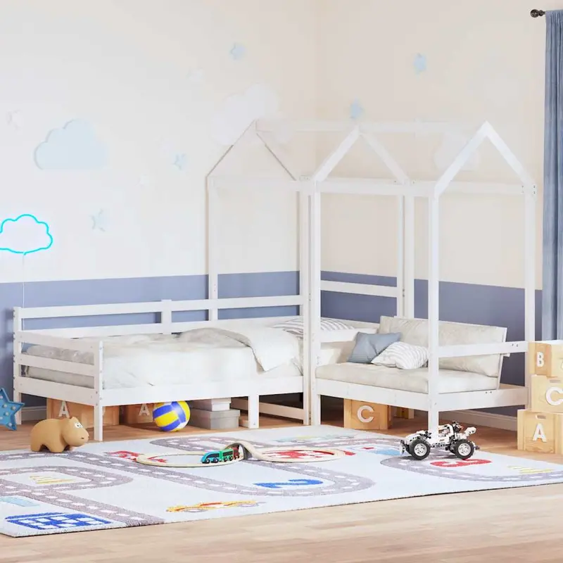 Set de sofá cama con banco y techo madera pino blanco 80x200 cm