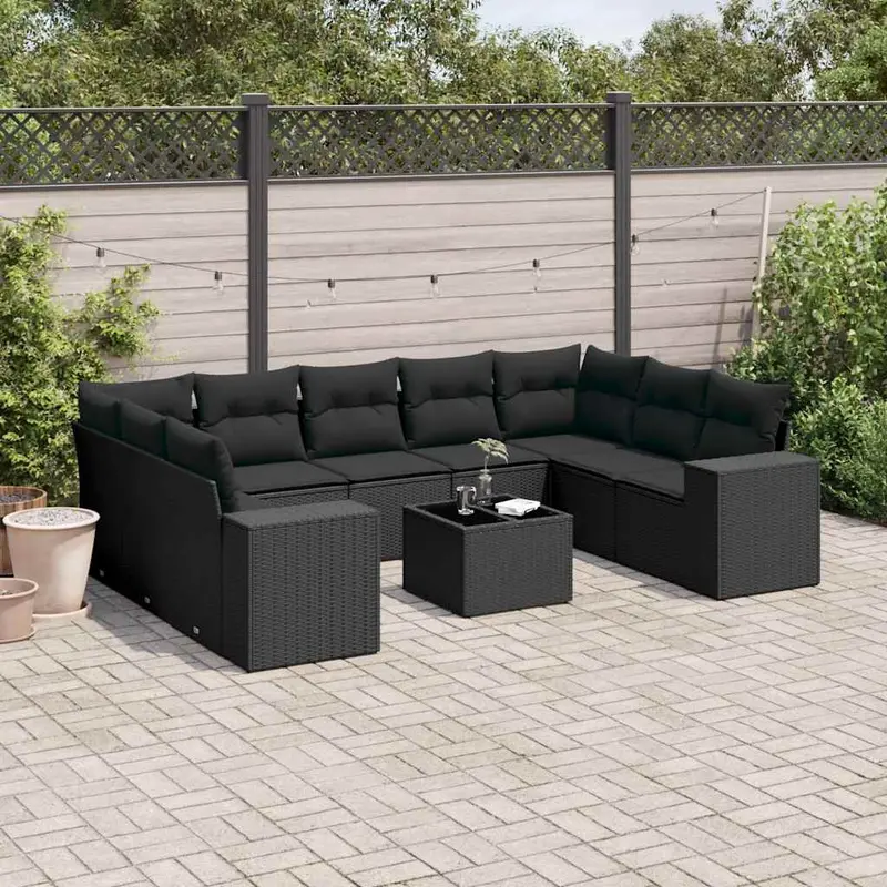Set de sofás de jardín 10 pzas cojines ratán sintético negro