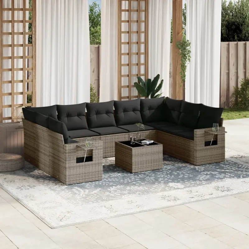 Set de sofás de jardín 10 pzas con cojines ratán sintético gris