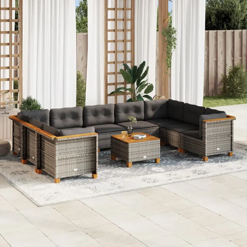 Set de sofás de jardín 10 pzas con cojines ratán sintético gris