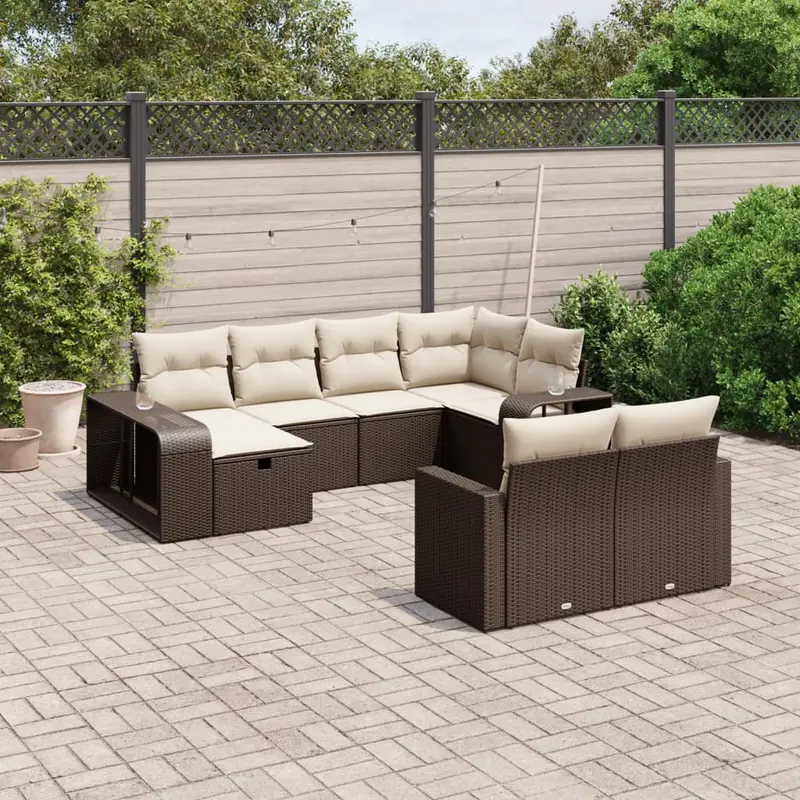Set de sofás de jardín 10 pzas y cojines ratán sintético marrón