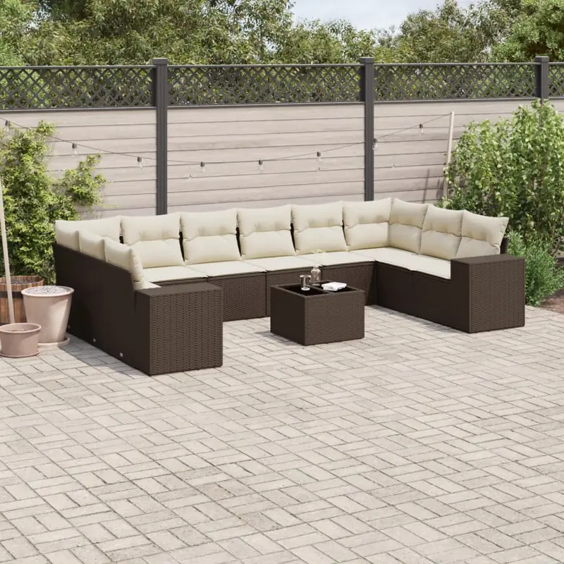 Set de sofás de jardín 11 pzas cojines ratán sintético marrón