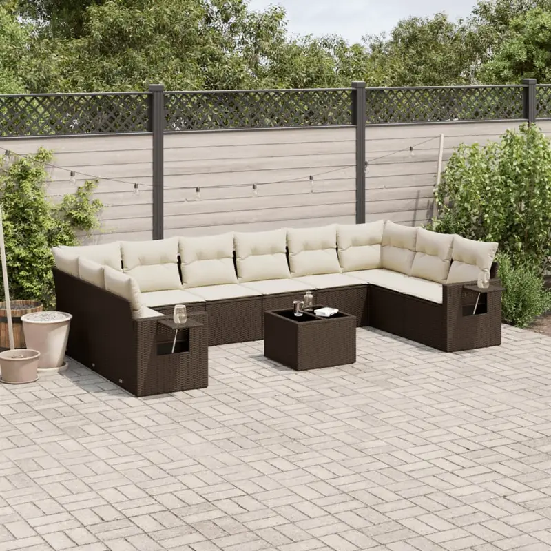 Set de sofás de jardín 11 pzas cojines ratán sintético marrón
