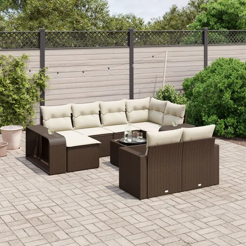 Set de sofás de jardín 11 pzas cojines ratán sintético marrón