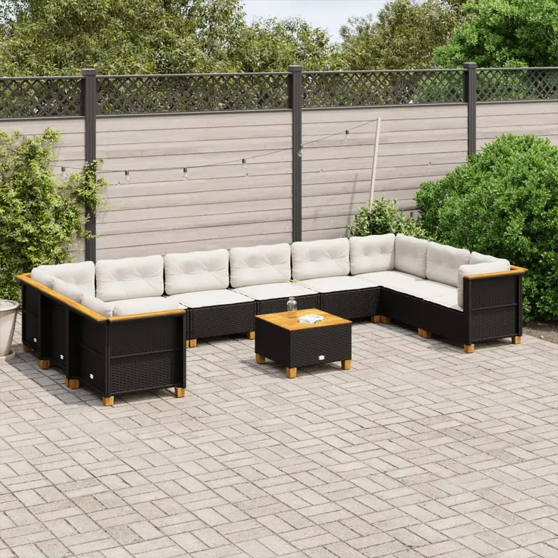 Set de sofás de jardín 11 pzas y cojines ratán sintético negro