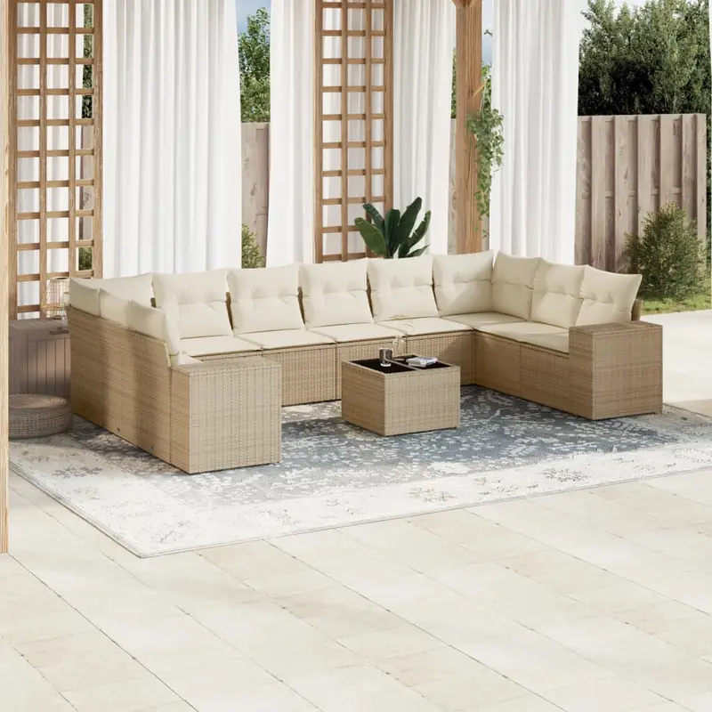 Set de sofás de jardín 11pzas con cojines ratán sintético beige