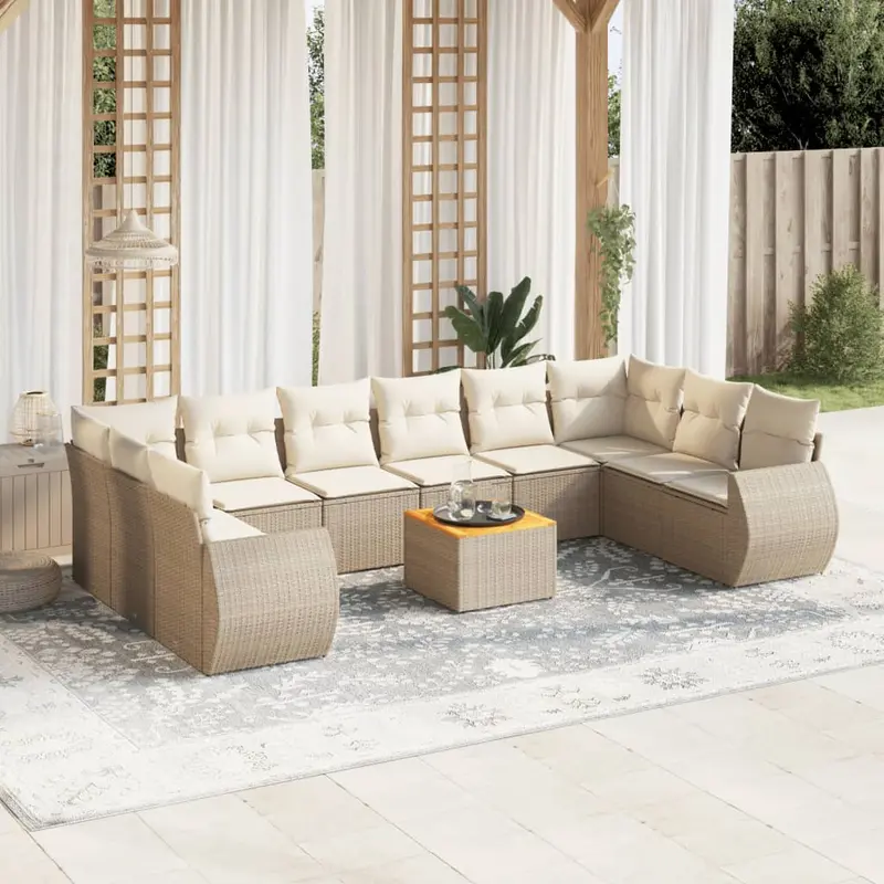 Set de sofás de jardín 11pzas con cojines ratán sintético beige