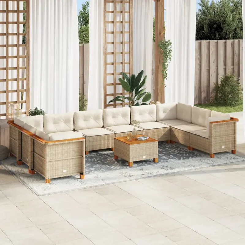 Set de sofás de jardín 11pzas con cojines ratán sintético beige