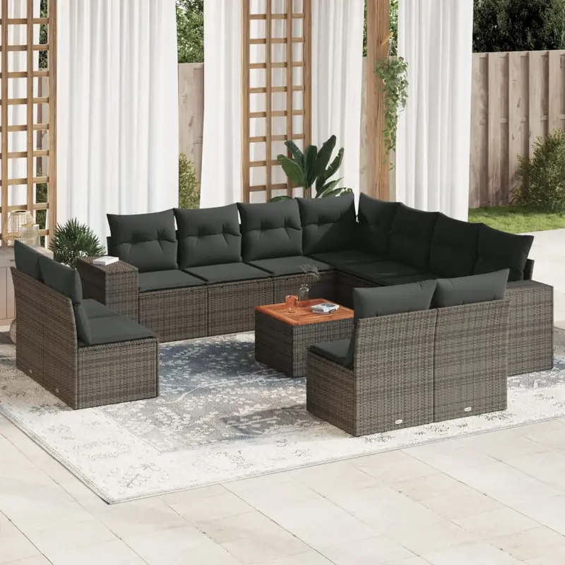 Set de sofás de jardín 12 pzas con cojines ratán sintético gris