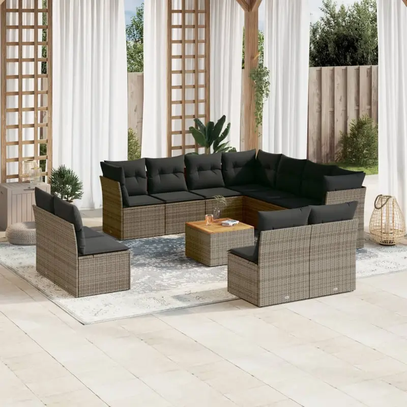 Set de sofás de jardín 12 pzas con cojines ratán sintético gris