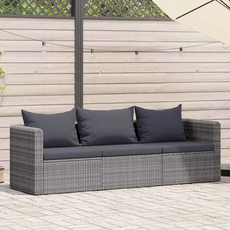 Set de sofás de jardín 3 piezas y cojines ratán sintético gris