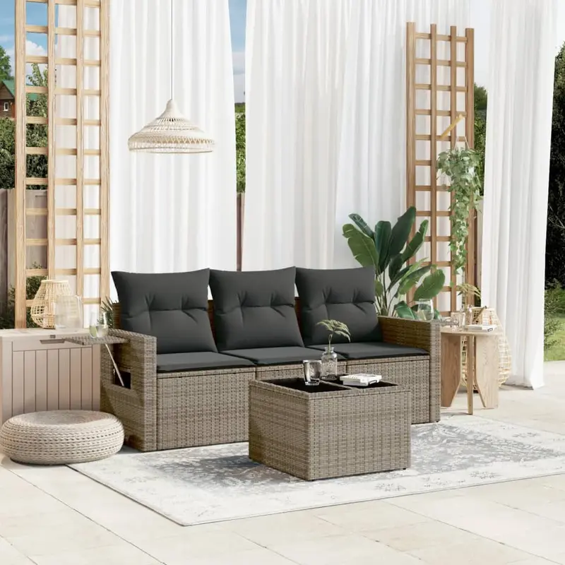 Set de sofás de jardín 4 pzas y cojines ratán sintético gris