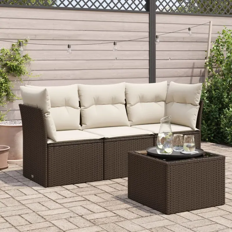 Set de sofás de jardín 4 pzas y cojines ratán sintético marrón