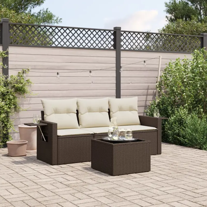 Set de sofás de jardín 4 pzas y cojines ratán sintético marrón