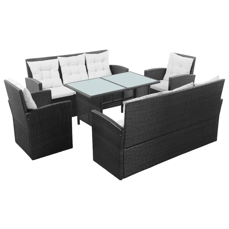Set de sofás de jardín 5 piezas y cojines ratán sintético negro