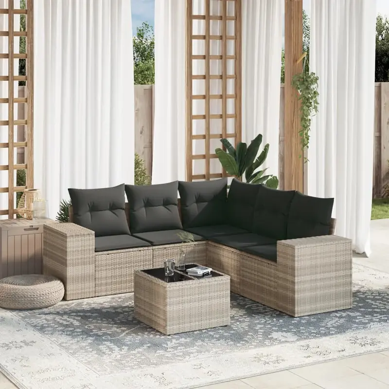 Set de sofás de jardín 6 pzas y cojines ratán sintético gris