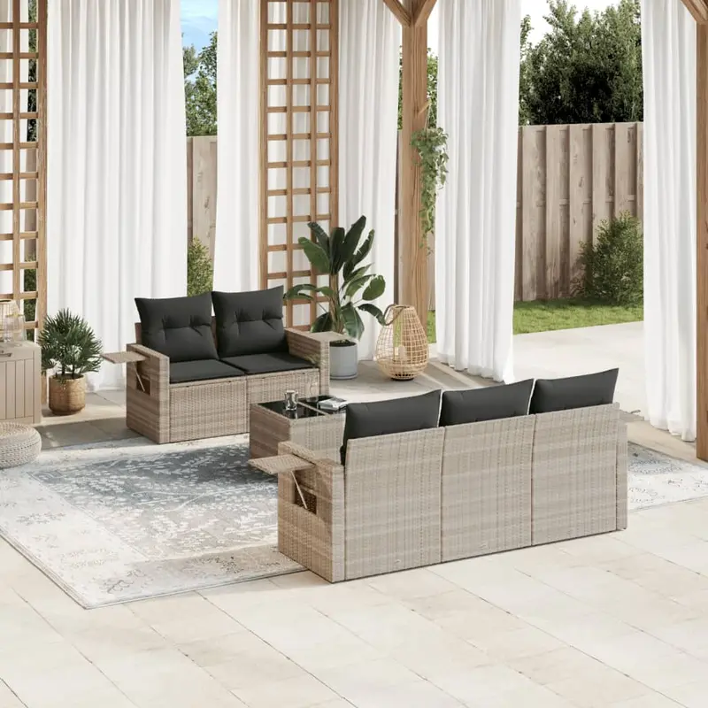 Set de sofás de jardín 6 pzas y cojines ratán sintético gris