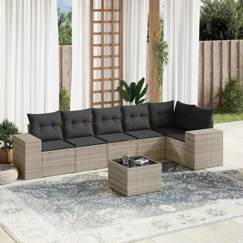 Set de sofás de jardín 7 pzas con cojines ratán PE gris claro