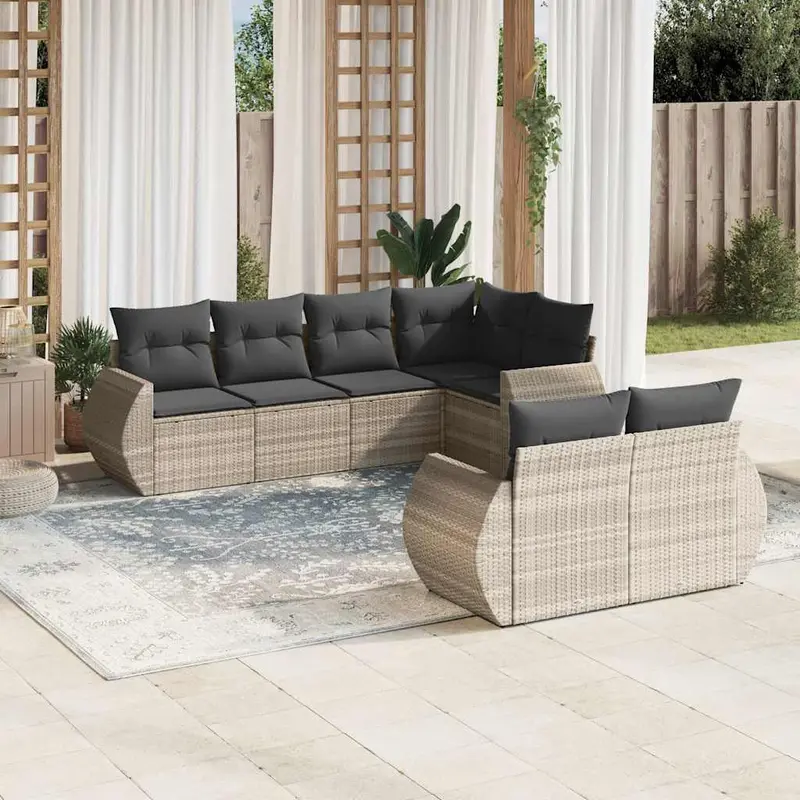 Set de sofás de jardín 7 pzas con cojines ratán PE gris claro