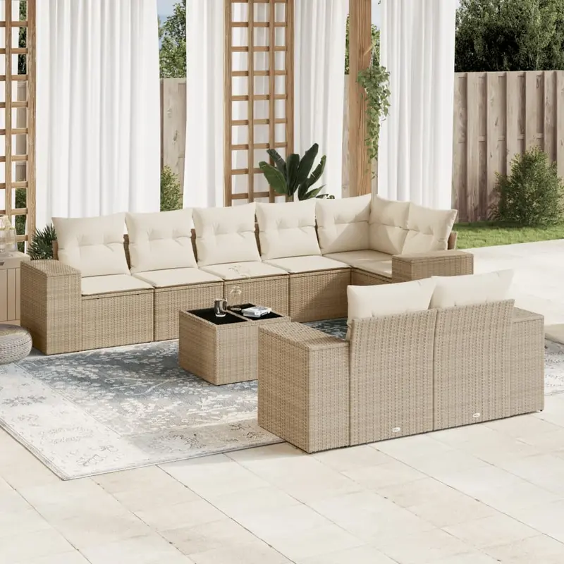 Set de sofás de jardín 9 pzas con cojines ratán sintético beige