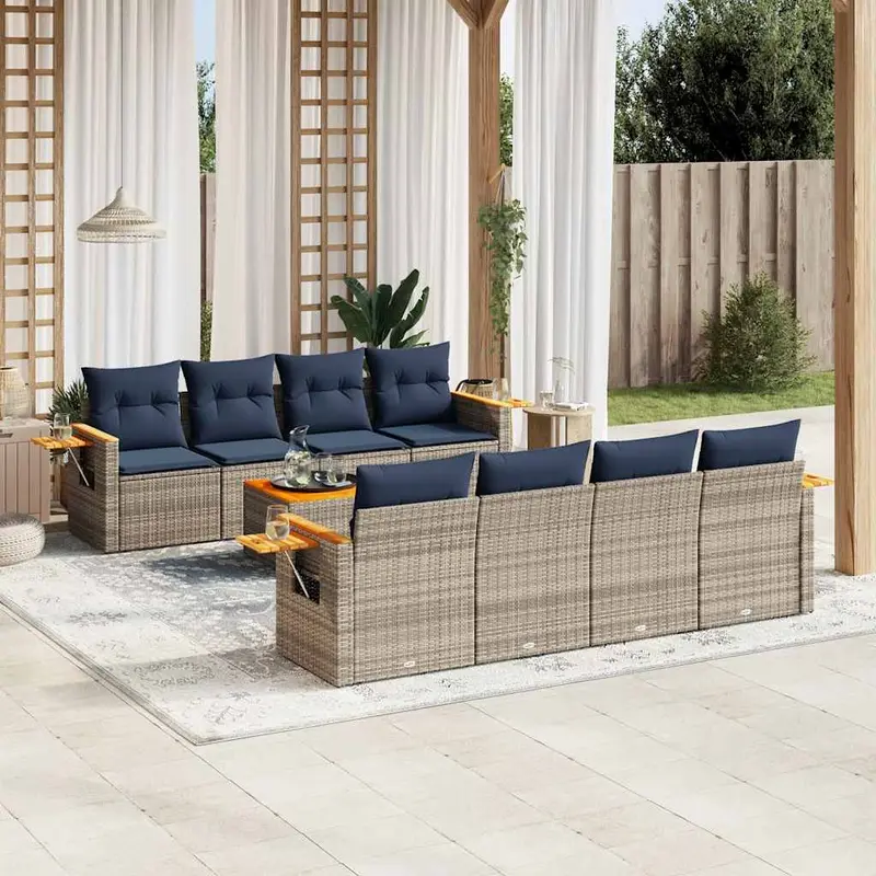 Set de sofás de jardín 9 pzas con cojines ratán sintético gris