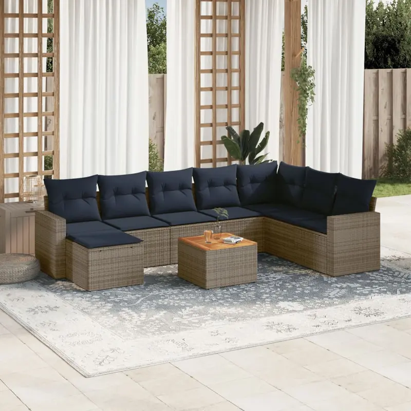 Set de sofás de jardín 9 pzas con cojines ratán sintético gris