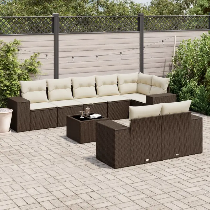 Set de sofás de jardín 9 pzas y cojines ratán sintético marrón