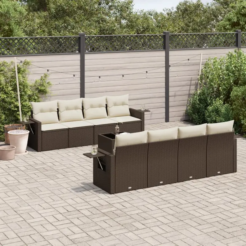 Set de sofás de jardín 9 pzas y cojines ratán sintético marrón