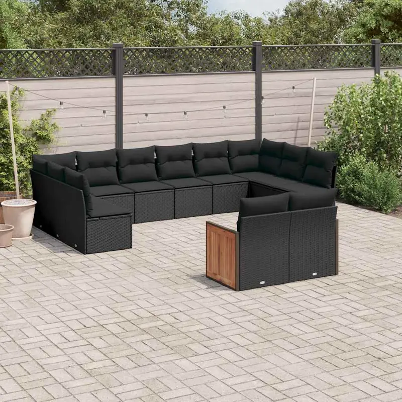 Set de sofás de jardín y cojines 12 pzas ratán sintético negro