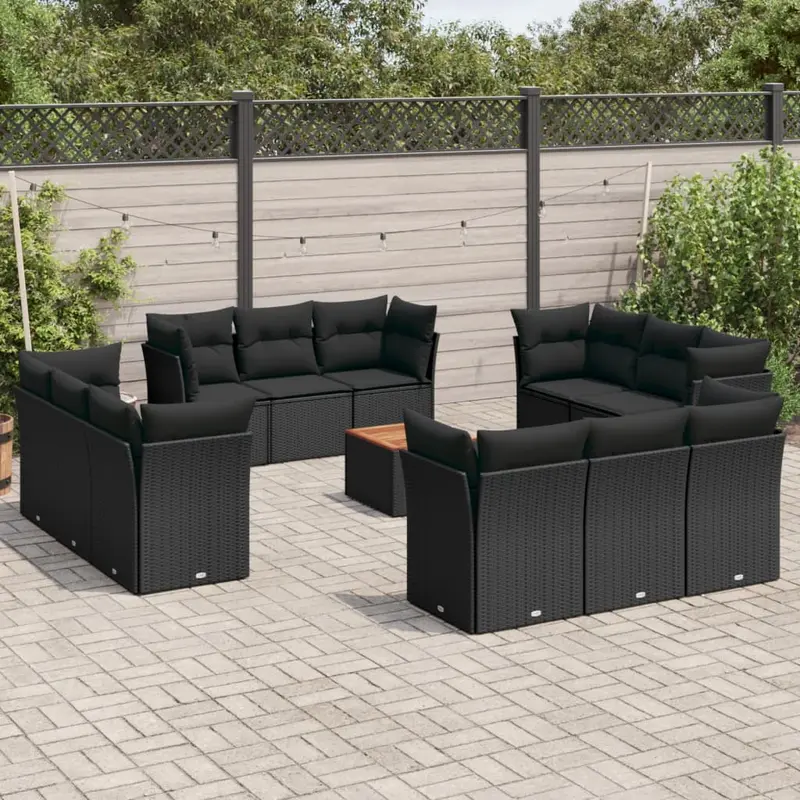 Set de sofás de jardín y cojines 13 pzas ratán sintético negro