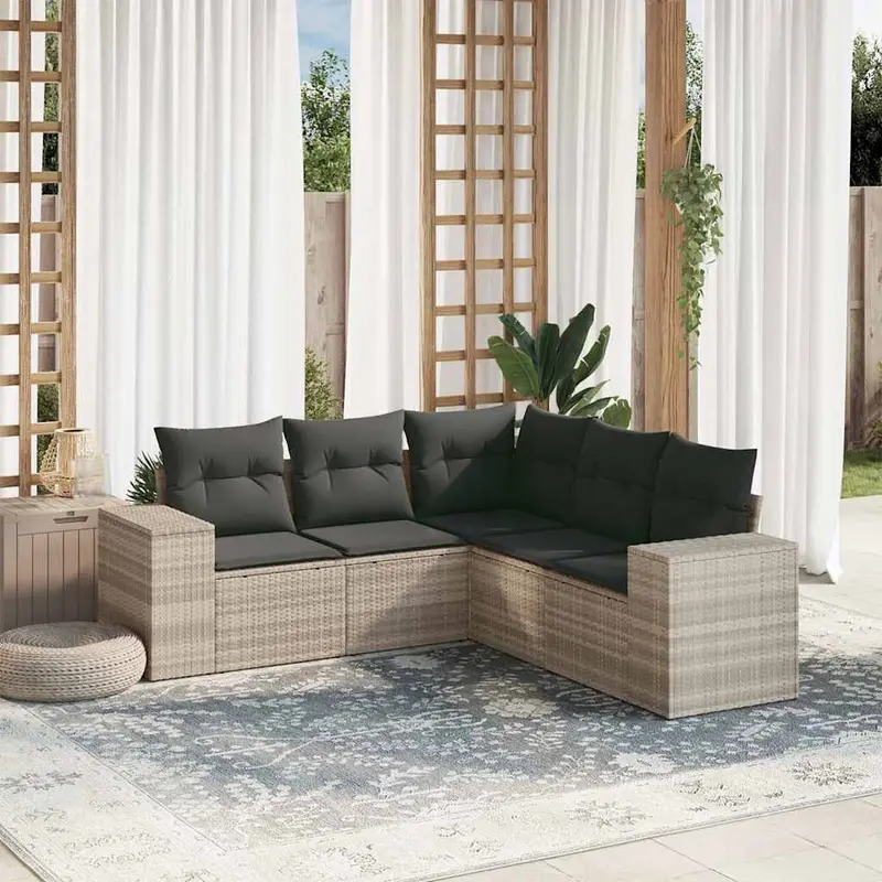 Set de sofás jardín y cojines 5 pzas ratán sintético gris claro