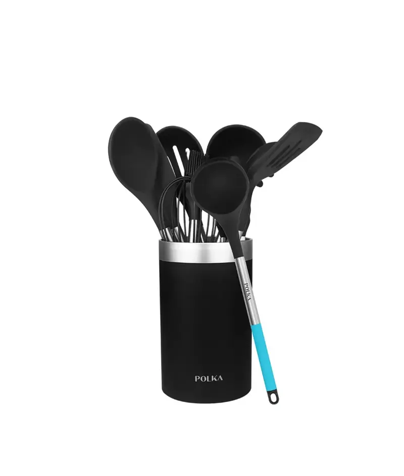 Set de Utensilios de Cocina de Silicona Negro con Holder y Mango de Acero de Cecotec
