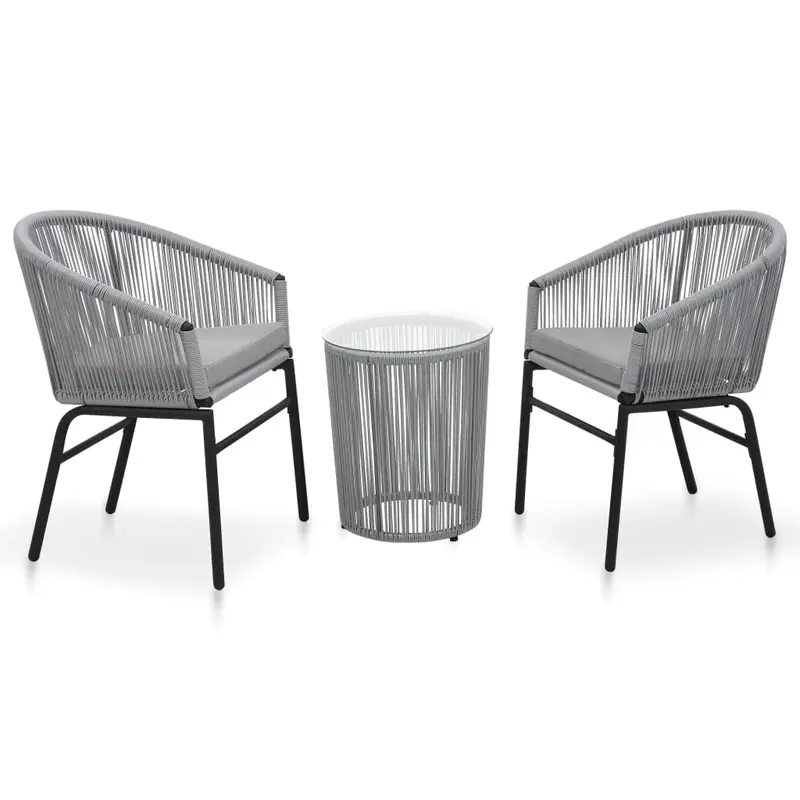 Set mesa y sillas de jardín 3 pzas y cojines ratán PE gris