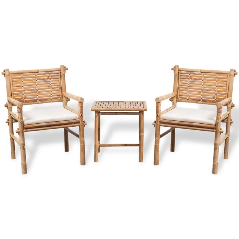 Set mesa y sillas terraza 3 pzas con cojines bambú