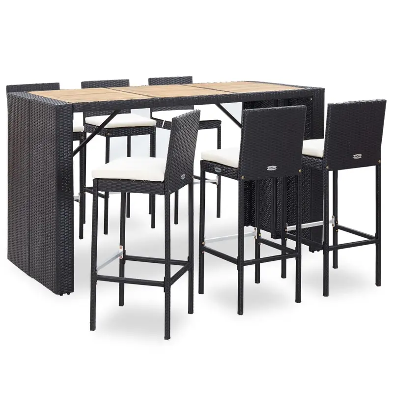 Set muebles bar jardín y cojines 7 pzas ratán sintético negro