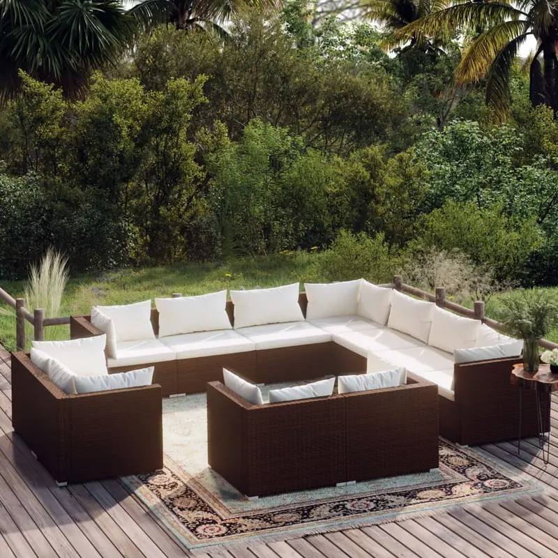 Set muebles de jardín 11 piezas cojines ratán sintético marrón