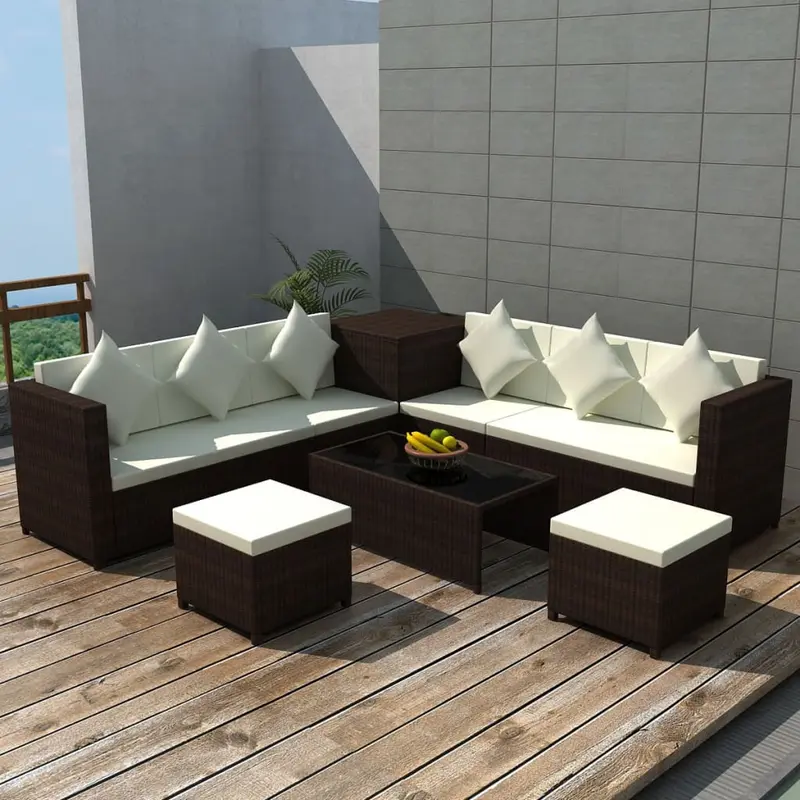 Set muebles de jardín 8 piezas y cojines ratán sintético marrón