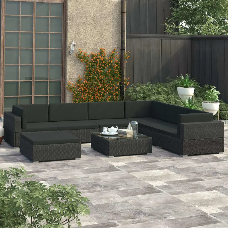 Set muebles de jardín 8 piezas y cojines ratán sintético negro
