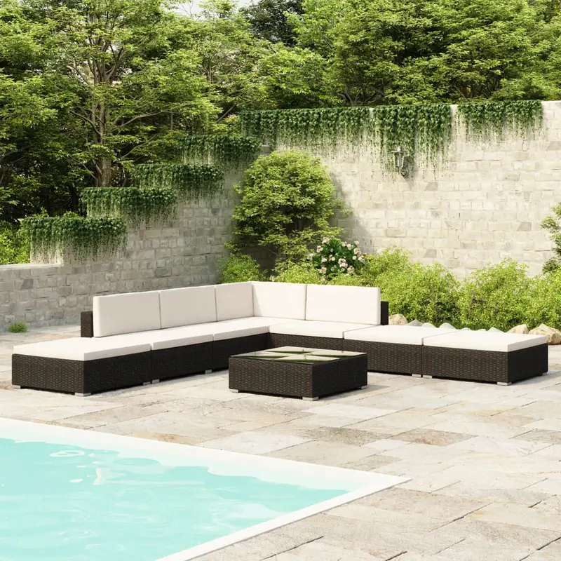 Set muebles de jardín 8 piezas y cojines ratán sintético negro