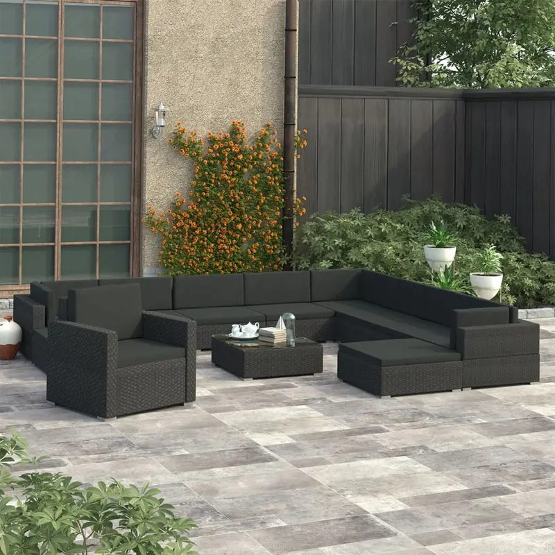 Set muebles de jardín y cojines 12 pzas ratán sintético negro