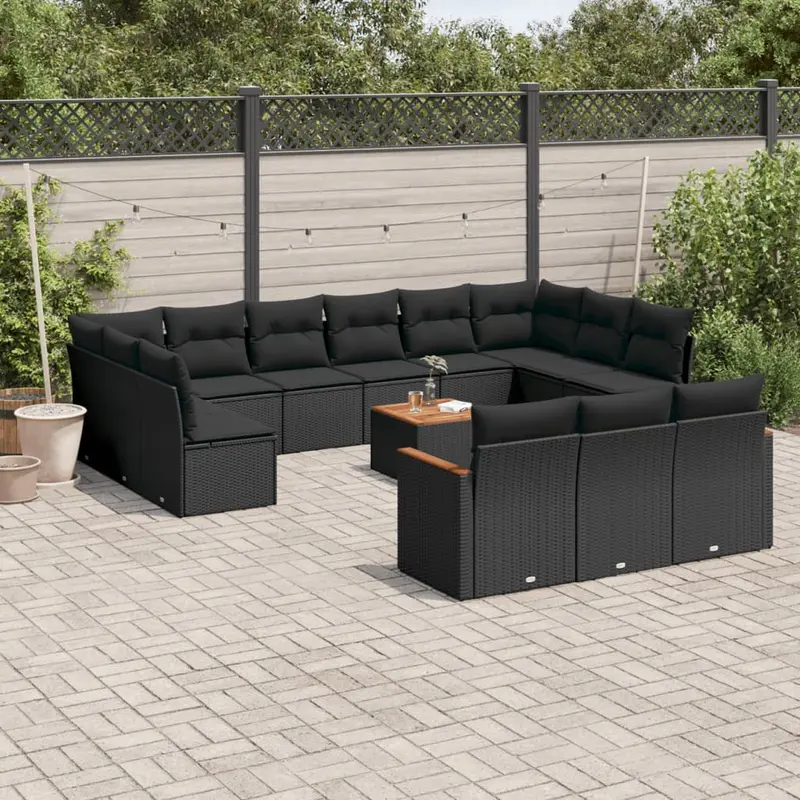 Set sofás de jardín 14 pzas con cojines ratán sintético negro