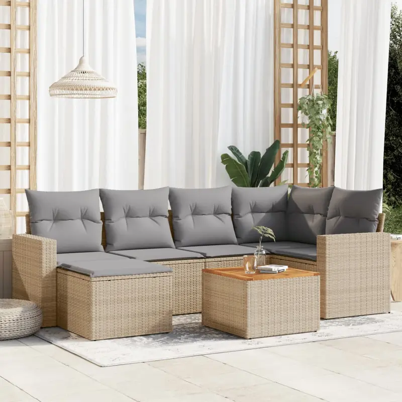 Set sofás de jardín 7 piezas y cojines ratán sintético beige